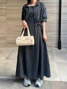 FRIFUL Women's Pleated Dress And Zipper Front Mid-Sleeve Jacket Fashion Casual Denim Outfit - Blue - View 2