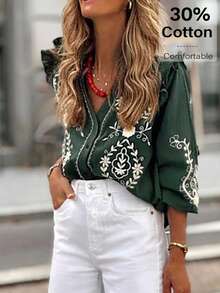 Solivie 女士花卉刺绣V领灯笼袖单排扣休闲度假衬衫 - 墨綠色 - 查看 1