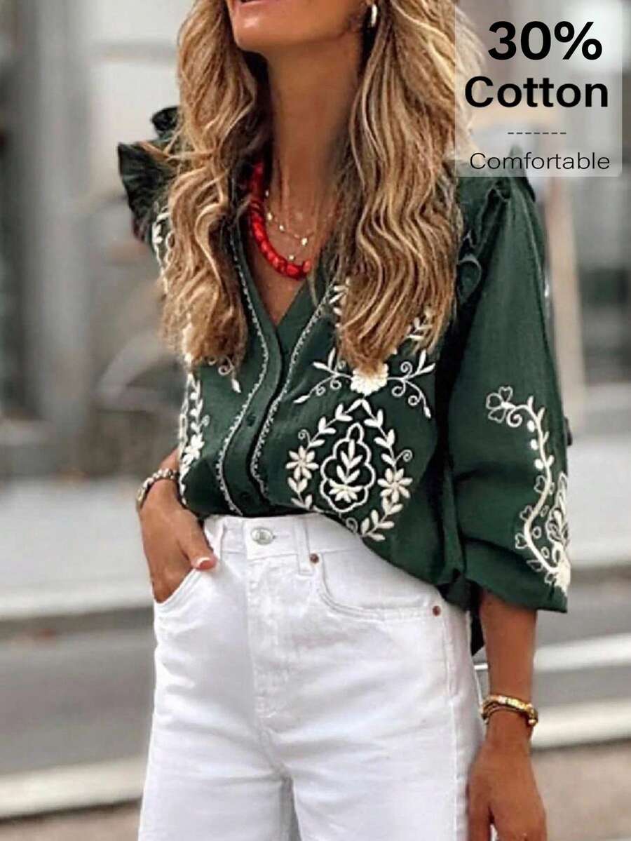 Solivie 女士花卉刺绣V领灯笼袖单排扣休闲度假衬衫 - 墨綠色 - 查看 1