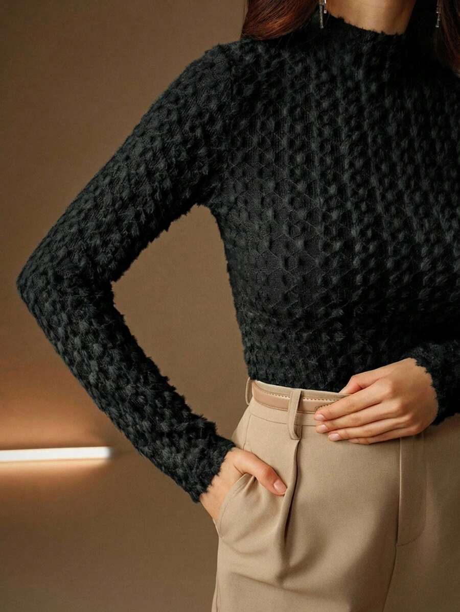 Anewsta Elegant Flocked Lace Turtleneck Undershirt For Women, High-Quality Autumn/Winter Layering Top - Black - View 1