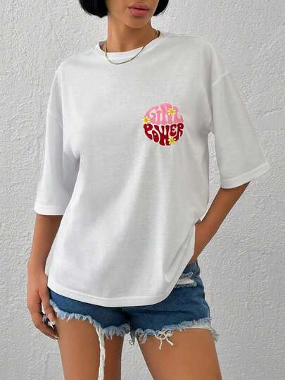 SHEIN Women's White Loose Fit Graphic Embroidered T-Shirt – "GRL PWR" Heart Patch Cotton Blend Tee, Casual Short Sleeve Oversized Top, Statement Summer Shirt, Comfortable Streetwear For Ladies