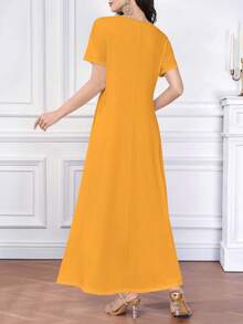 Al Najma Robe imprimée à rayures avec broderie florale et végétale, robe élégante à col V, manches courtes, taille cintrée, convient pour les vacances et le port quotidien, été - Multicolore - Voir 2