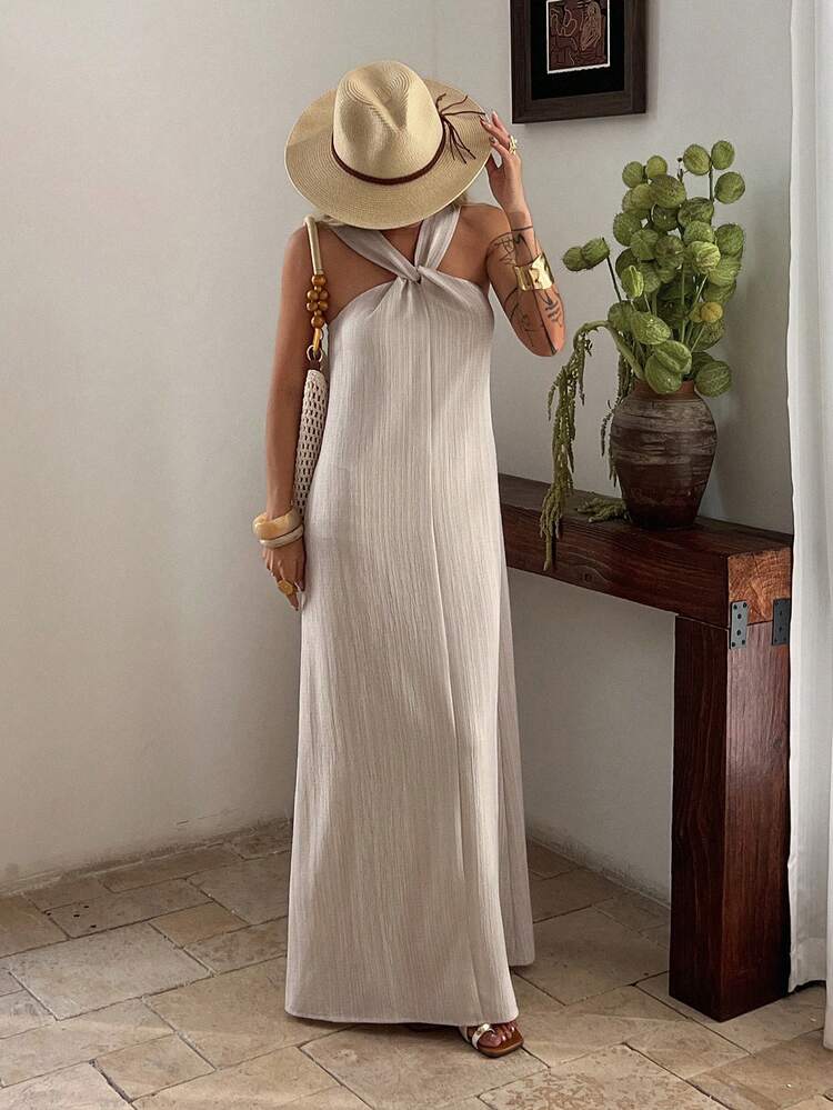 Women's Halter Backless Striped Textured Fabric Loose Vacation Style Dress Sun Dresses For Women Summer