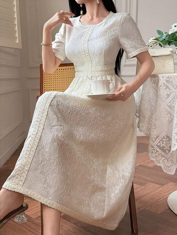 Women's Elegant Floral Textured Patchwork White Round Neck Mid-Length Dress, Summer,Wedding Guest Dress Women Maxi Dress Sundress