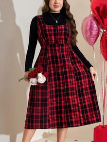 SHEIN LUNE 加大码春季女式红色格子纽扣前襟方领无袖优雅中长连衣裙，腰部系带，适合情人节穿着 - 彩色 - 查看 11