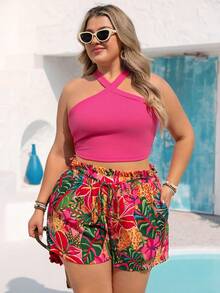 Vivid Eden Women's Plus Size Pink Floral 2 Pieces Set,Summer Boho Halter Top And Tropical Floral Print Paper Bag Waist Shorts,Vacation Holiday Outfits For Beach - Hot Pink - View 5