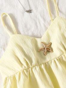 Tween Girls Casual Basic Vacation T-Shirt Set, White Spaghetti Strap Loose Lace Trim Top And White Wide Leg Pants White Outfit - Yellow - View 5