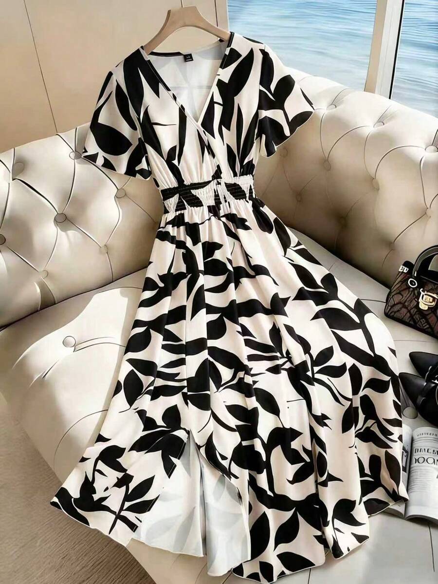 GlowEve Abito casual da donna con stampa floreale, scollo a V, maniche a campana, vita stretta e orlo con spacco, adatto per uso quotidiano, vacanze, uscite, feste, primavera/estate - Multicolore - Visualizzare 1