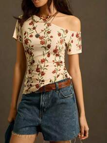 SoleilVie 春夏新款杏色弹力罗纹针织印花斜肩T恤，复古印花纽扣腰袖T恤，柔软亲肤面料，适合春夏户外穿着。 - 杏色 - 查看 6