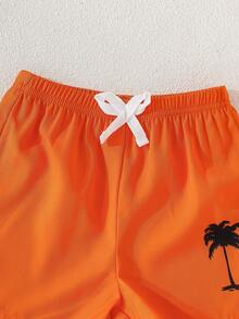 SHEIN Playful Pals 2pcs/Set Infant/Toddler Baby Boy White Summer Casual Beach Vacation Holiday Palm Tree & Letter Print T-Shirt And Drawstring Shorts Hawaiian Outfits - Orange - View 5