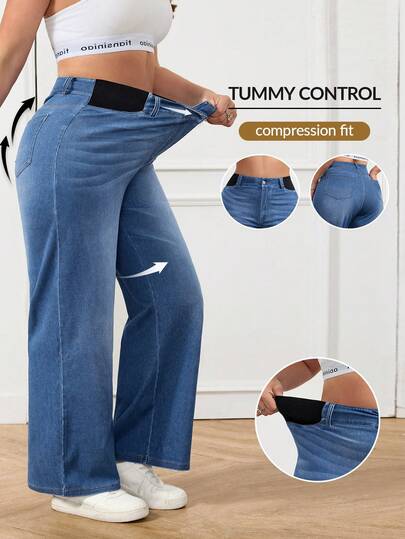 SHEIN PETITE CURVE Pantalones vaqueros rectos casuales de tela de punto de mezclilla elástica de unicolor con diseño panelado, cómodos y de ultra-estiramiento, ideales para primavera y verano, y para uso casual, de oficina y de vacaciones para mujer talla grande