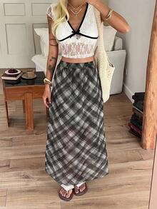 DAZY Women's Plaid Print Casual Versatile Straight Skirt - Black - View 6