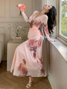 DAZY Tie Dye Surplice Neck Mesh Dress Sundress - Pink - View 4