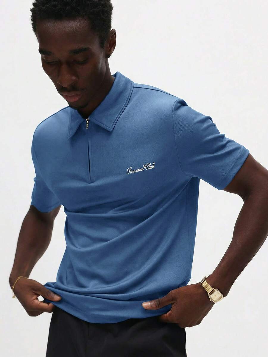 SUMWON Áo Polo nam Essential Muscle Fit tay ngắn, khóa kéo nửa thân và logo thêu, thích hợp cho mùa hè, phong cách công sở thường ngày. - Màu xanh lam - Xem 1