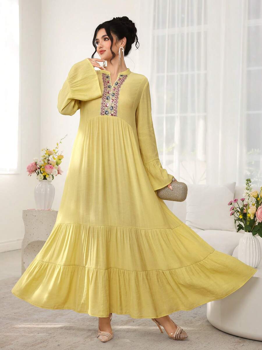 SHEIN Najma Romantic Elegant Yellow Stand Collar Flare Sleeve Ruffle Hem Dress, Spring/Summer - Yellow - View 1