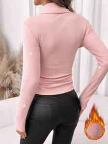 SHEIN Clasi Women's High Neck Rhinestone Glitter Fitted Elastic Solid Black Knit Top, Autumn/Winter - Pink - View 2