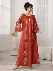 SHEIN Najma 印花束腰连衣裙 - 珊瑚橙 - 查看 5