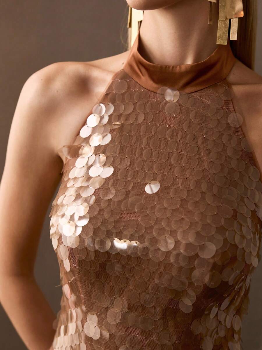 MOTF Soiréza WOMEN'S SEQUIN HALTER NECK SLEEVELESS MERMAID GOWN , IDEAL FOR WEDDINGS, GALA DINNERS, AWARD CEREMONIES AND RED-CARPET EVENTS - Coffee Brown - View 1