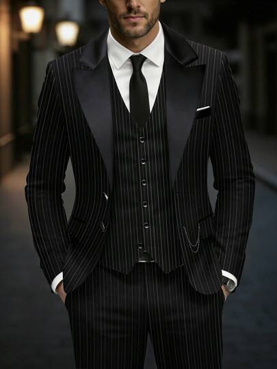 Manfinity Mode Men's Distressed Striped Long Sleeve Jacket And Pants Business Gentleman Suit Set,Men Old Money,Daily Leisure, Weekend Trips, Outdoor Activities, Travel Expeditions, Relaxed Work Environments Or Semi-Formal Occasions, Boyfriend/Husband Gift, Anniversary /Birthday Gift Party Summer Vacation Holiday,Wedding,Spring To Summer,Easter,Mens Elegant Black Pinstripe Suit With Shawl Lapel And Vest For Formal Occasions,Men Pinstripe Suit,Men Tuxedo Set,Mens Black Suit