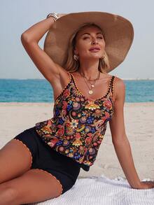 2026Swim Lushoire Ensemble 2 pièces, Top de bikini camisole ample et élégant noir vintage avec motif cachemire contrasté par une bordure orange vif, Bas culotte avec bordure vive. Hauts d'été pour femmes en vacances. Maillot de bain Tankini avec contrôle du ventre, style bohème - Multicolore - Voir 4