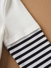 SpongeBob SquarePants | SHEIN 男童休闲拼接条纹卡通图案长袖T恤，秋季款 - 白色 - 查看 6