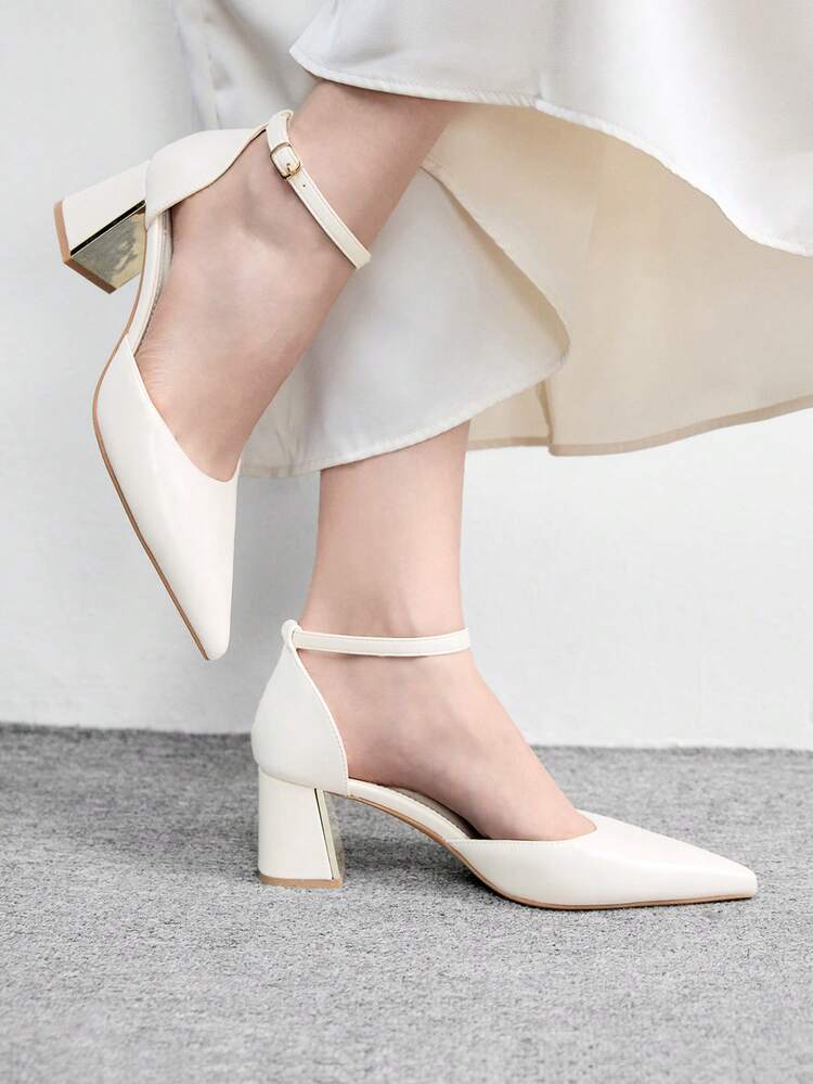 CUCCOO BIZCHIC Women Shoes Women's Pointed Thick Medium Heel White Ankle Strap Hollow Women's High Heel Shoes Stylish And Comfortable Commuters Business Versatile Women's Hollow Shoes Spring Shoes