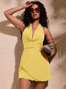 Opulessa Women's Yellow Summer 70s Party Knitted Mesh See-Through Dress,Draped Neck Halter Strap Open Back Design,Bachelorette Beach Vacation Outfits - Light Yellow - View 4