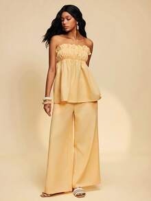 Travachic 2026 New Women's Romantic Vacation Cream Yellow Strapless Loose Top With Ruffle Hem & Long Pants With Pockets - Pale Yellow - View 7