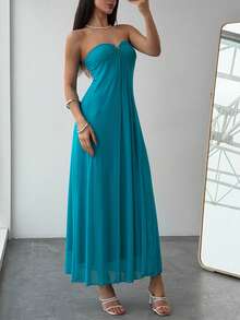 Aloruh New Romantic V-Neck Strapless Plunging Neckline Maxi Flowy Dress, Macaron Blue-Green, A-Line Silhouette, Flattering - Mint Blue - View 9