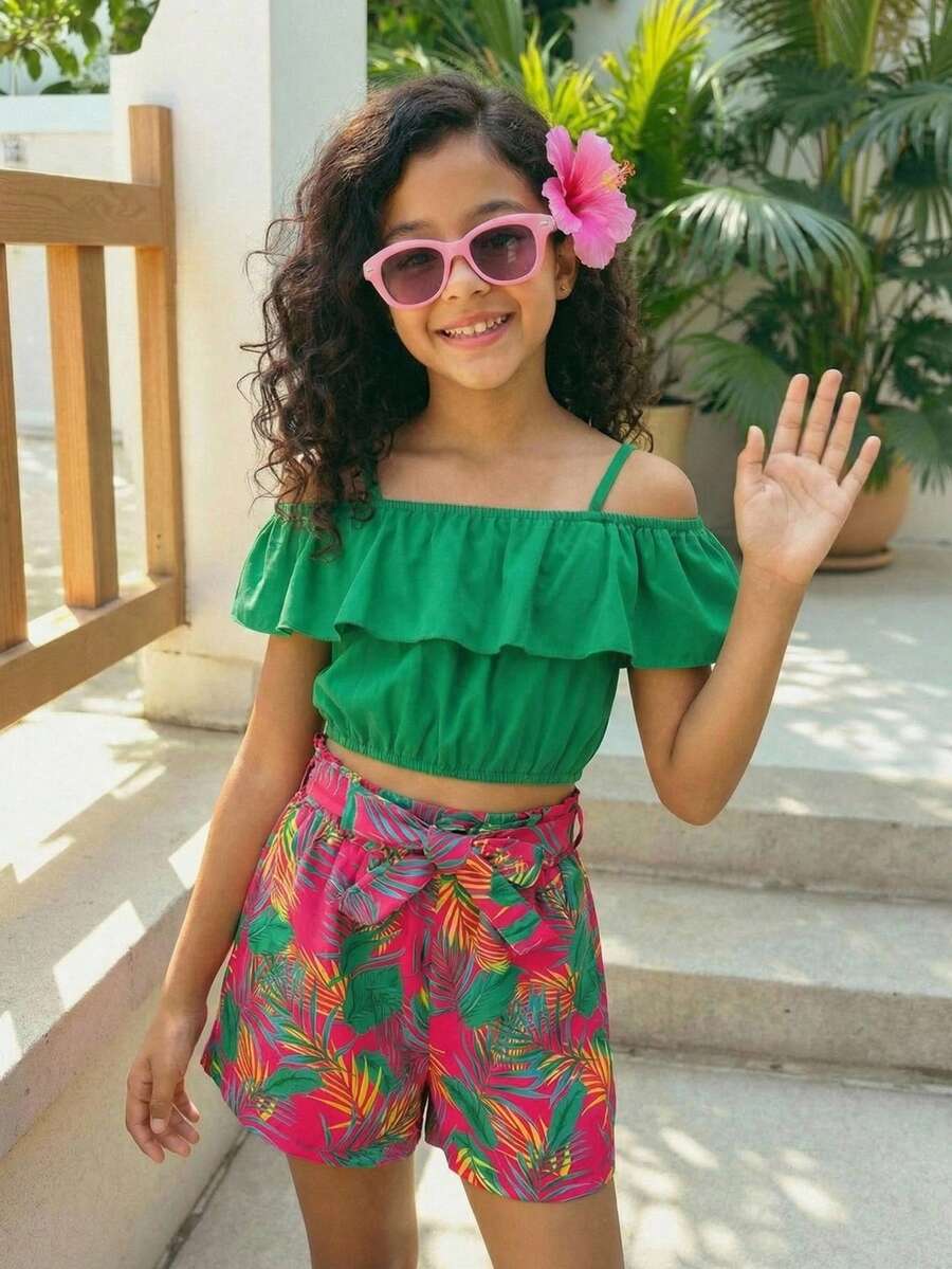 2pcs Tween Girls' Green Off Shoulder Crop Top & Tropical Leaf Print Shorts Set, Spring/Summer Holiday - Multicolor - View 1