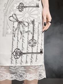 ROMWE Spring/SummergraphicwhiteGothic Lolita Style Keyhole Print & Lace Trim Fitted Mini Dress For Women, Spring/Summer - White - View 4