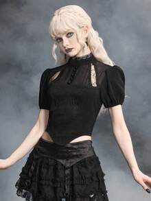 ROMWE Gothic Style Spider Web Lace Puff Sleeve Fitted Blouse - Black - View 4
