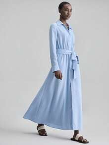 Ontre 女士纯色翻领系腰褶皱长连衣裙，适合日常穿着、约会和派对。 - 藍色 - 查看 5