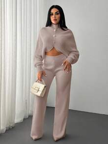 EURMUSE 2 Pieces Ribbed Knit Lounge Set Featuring Asymmetrical Sweater With Decorative Bow Accents And Matching High-Waisted Pants - Baby Pink - View 4