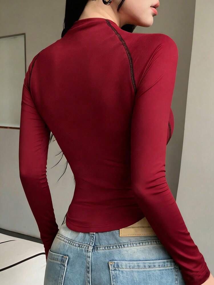 Women's Summer Contrast Stitching Decor Half-Open Collar Stand Collar Casual Sporty Short Sleeve Fitted Base Layer T-Shirt