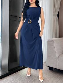 Feyla Waist Ruched Metal Decor Cinched Waist Elegant Cocktail Party & Work Versatile Dress - Navy Blue - View 6