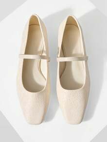 MOTF PREMIUM Zapatos planos tipo Mary Jane de punta cuadrada cómodos y minimalistas para mujeres, versátiles para Halloween - Blanco - Ver 1