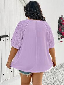 SHEIN CURVE+ 大码女式拼接不同材质上衣，白色T恤 - 紫丁香色 - 查看 2