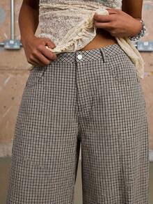 COUREZ Unisex Women Men Low Rise Baggy Barrell Fit Check Trousers Cotton - Coffee Brown - View 6