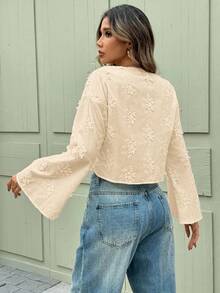 SHEIN Clasi 女款立體刺繡前綁帶休閒上衣 米色波希米亞風 度假度假款 秋冬春夏 - 杏色 - 查看 3