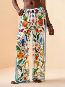 Zivah 2026 Vacation Casual Beach Sheer Retro Print Loose Pants & Cover-Up - Green - View 3