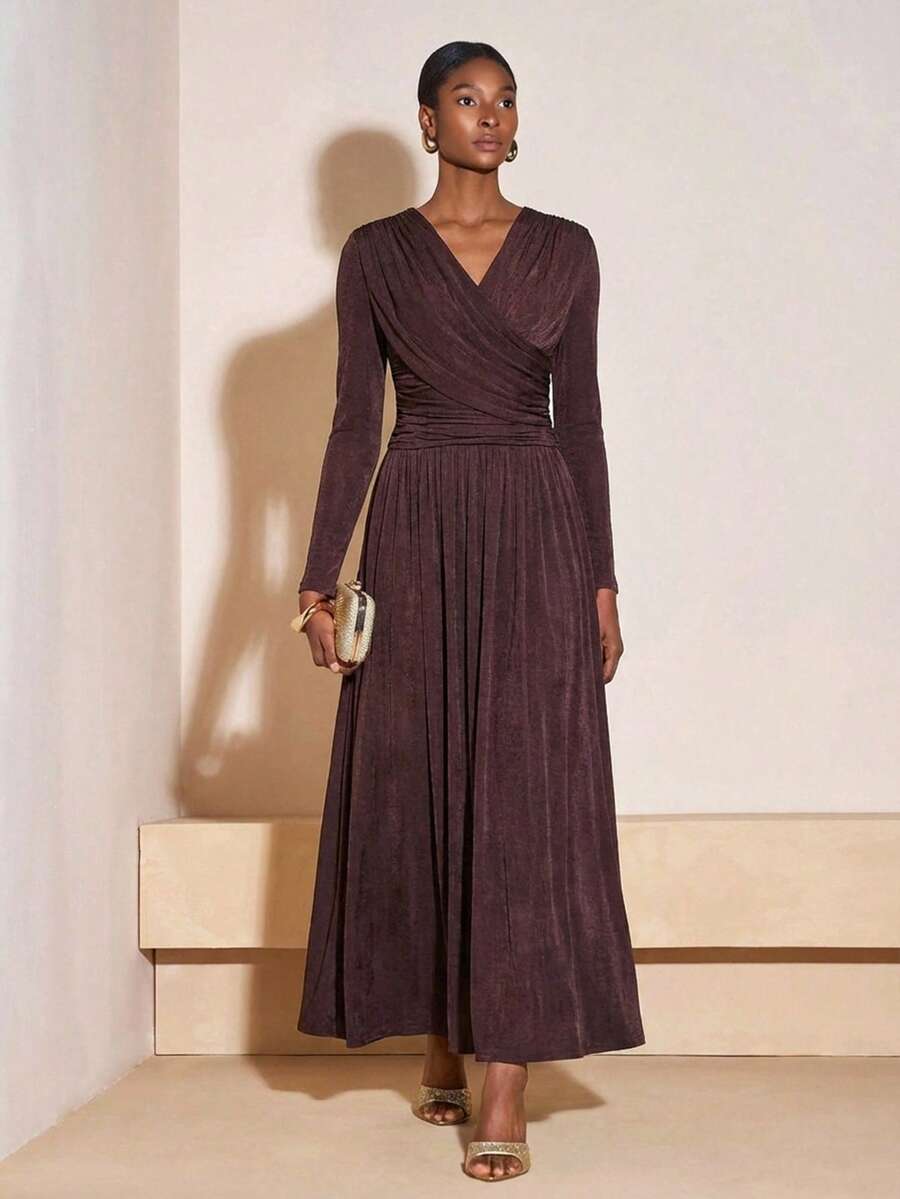 Zivah 2025春季新款V领荷叶边A字长袖连衣裙