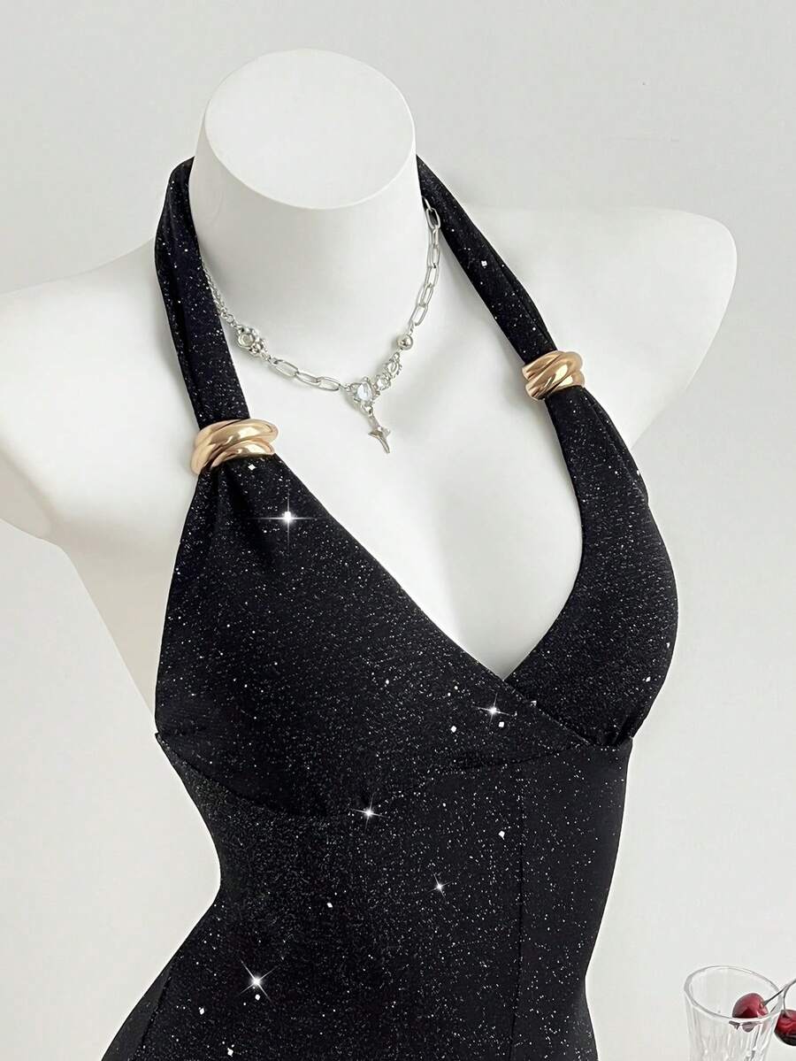 Elamini Women's Solid Color V-Neck Halter Sleeveless Fitted Jumpsuit - Black - View 1