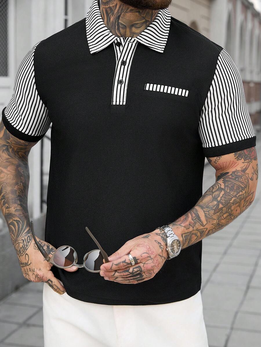 Manfinity CasualCool Men's Colorblock Striped Print Button Casual Short Sleeve Polo Shirt Golf Shirt For Men Mens Clothes Outfits Polo Shirt For Men Casual Polo Blouse For Men Retro Outfit For Men - Black - View 1
