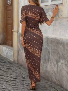 Brillora Đầm midi ngắn tay, cổ tròn, thắt nút, họa tiết in toàn thân, dành cho nữ, phong cách thường ngày. - màu nâu - Xem 3