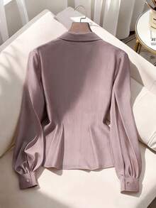 Modelyn 浅米色 3D 立体花卉领衬衫 / 竖条纹纹理泡泡袖优雅通勤上衣 - 藕粉色 - 查看 2