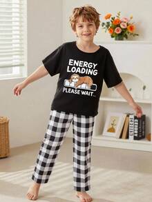 2pcs/Set Teenage Boys' Black Short Sleeve Top And Plaid Pants Casual Pajama Set - Black - View 4