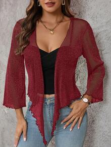 SHEIN Clasi Áo khoác voan mỏng tay bồng thắt nơ dành cho nữ - Màu Đỏ Sâu - Xem 4