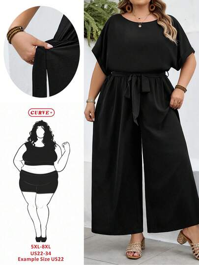 SHEIN CURVE+ Curve Size US22Music Festival, Seaside Vacation, Bohemia Women Elegant Round Neck Fitted Wide Leg Jumpsuit