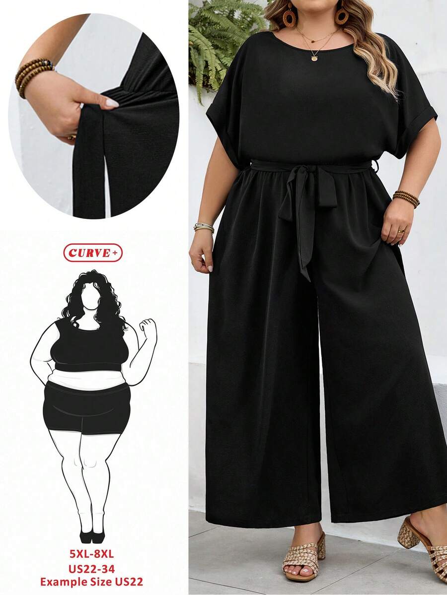 SHEIN CURVE+ Kích cỡ US22 (dành cho người có đường cong cơ thể) Bộ jumpsuit nữ phong cách Bohemia thanh lịch, cổ tròn, ôm sát, ống rộng, thích hợp cho lễ hội âm nhạc, kỳ nghỉ bên bờ biển. - màu đen - Xem 1